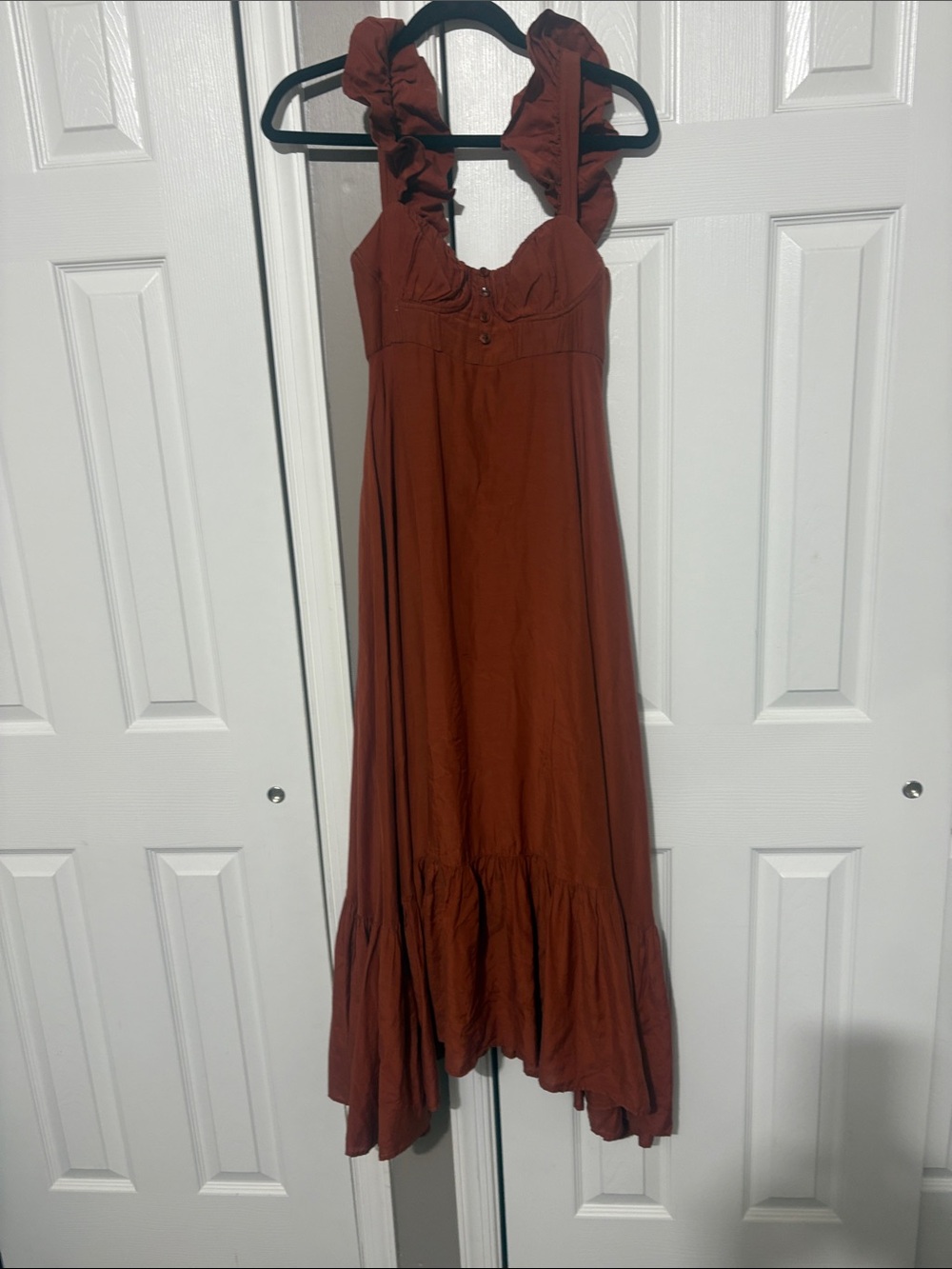 FARM Rio Rust Ruffle-Shoulder Maxi Dress